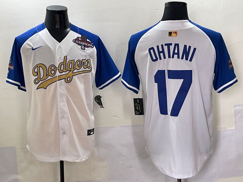 Men Los Angeles Dodgers 17 Ohtani White Blue Champion gold character Nike 2025 MLB Jersey style 50515